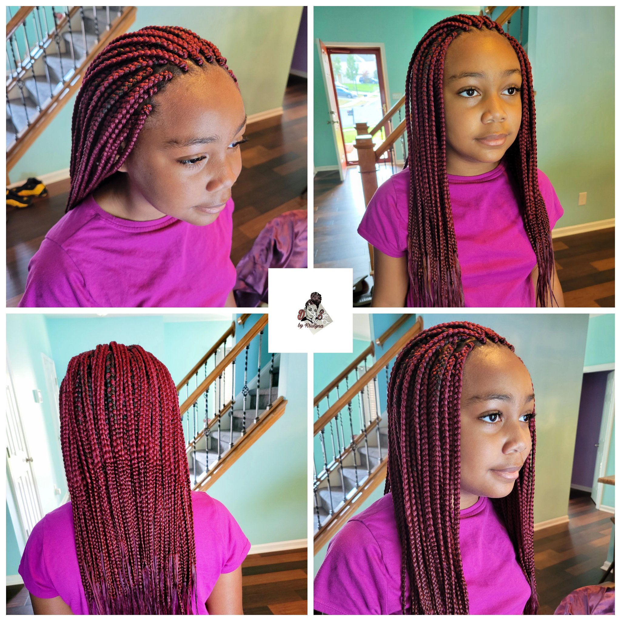 Kids box braids in burgundy, long and sleek, on a young girl, photo collage