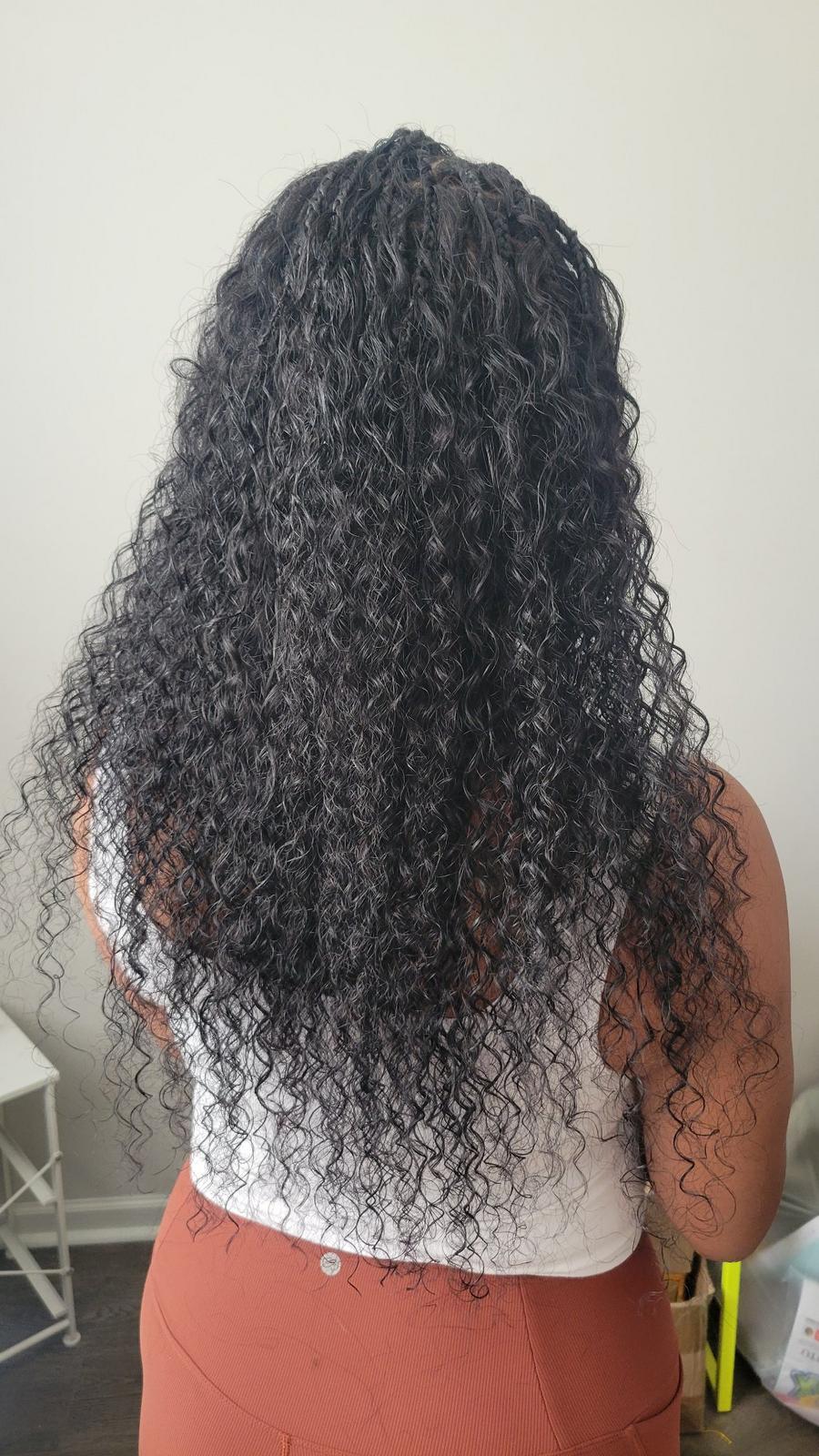 Miracle knot braids in black with full curly hair, back view