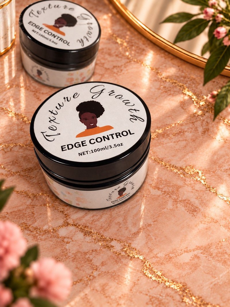 Texture Growth Edge Control jars on a pink marble backdrop