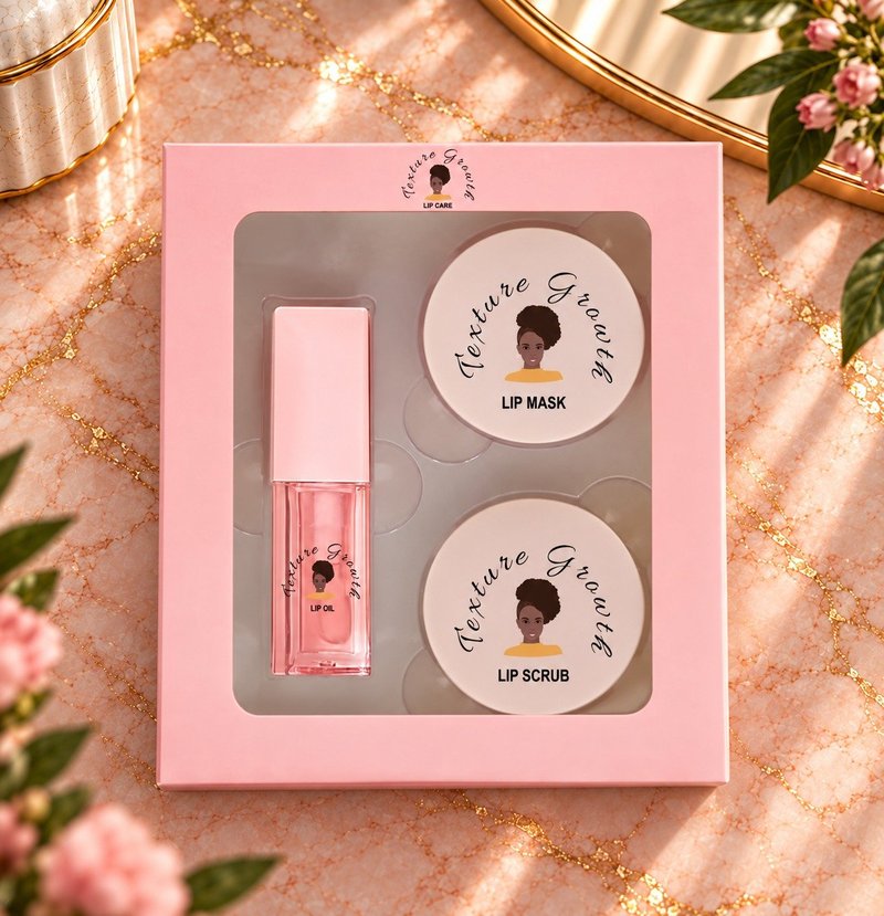 Texture Growth Lip Care Set in pink packaging — Lip Oil, Lip Mask and Lip Scrub