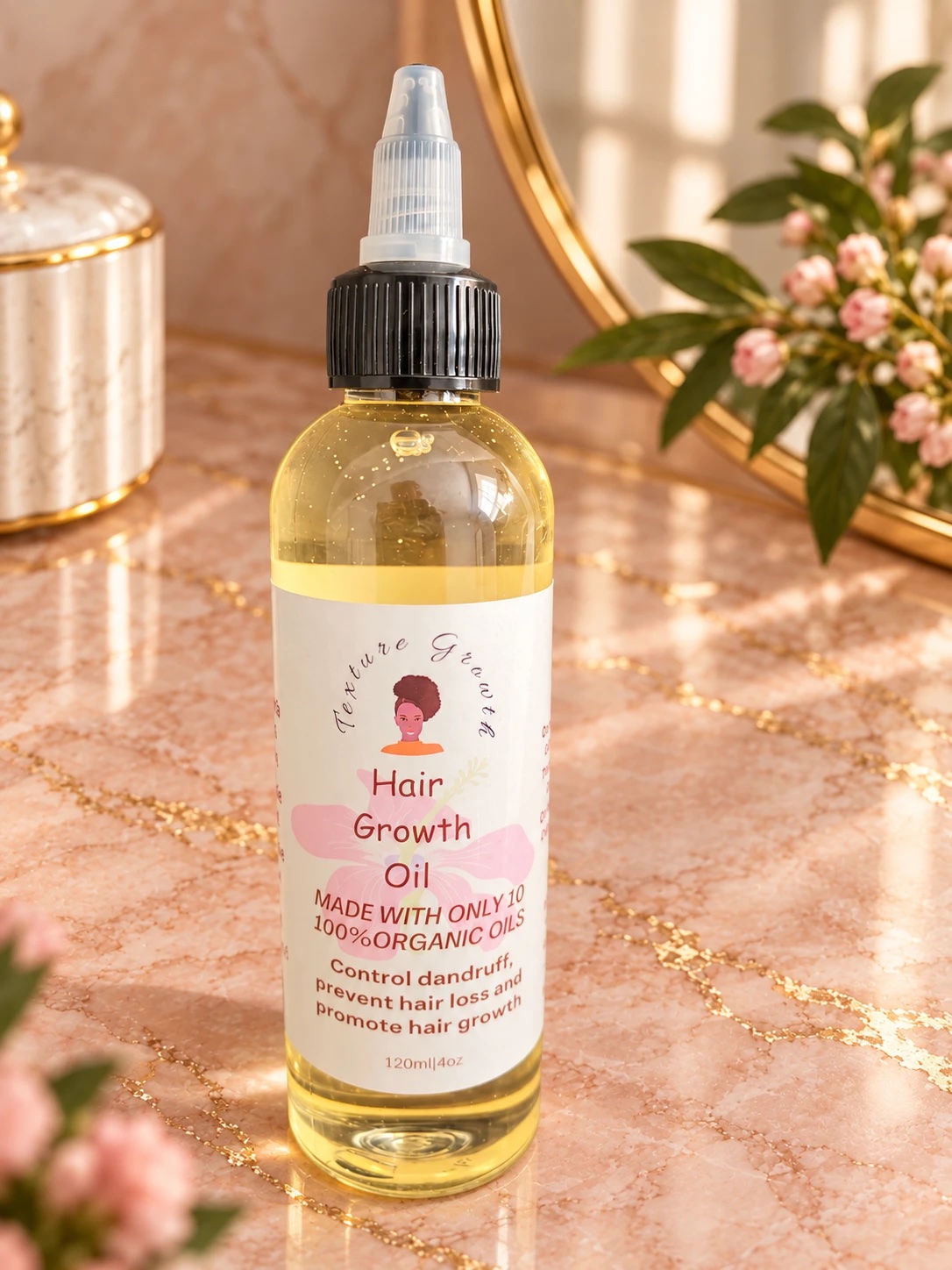 Texture Growth Hair Growth Oil bottle on a pink and gold marble vanity with a gold mirror
