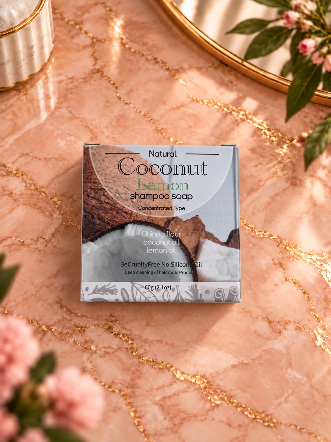 Coconut Lemon shampoo soap box on a pink and gold marble backdrop