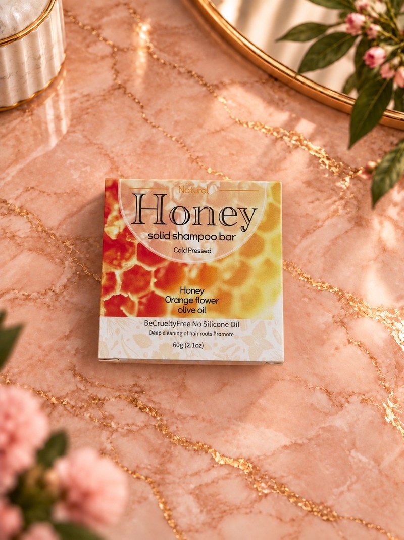 Honey Shampoo Soap box on a pink marble backdrop