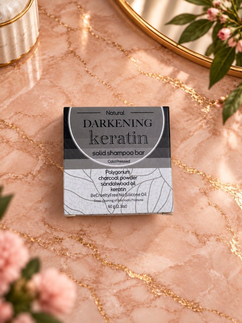 Darkening Keratin Shampoo Soap box on a pink marble backdrop