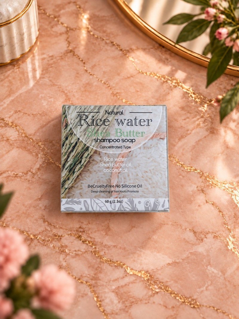Rice Water Shea Butter Shampoo Soap box on a pink marble backdrop